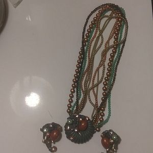 Vintage 6 strand Necklace With Matching Clip- on Earrings/ Signed Eugene